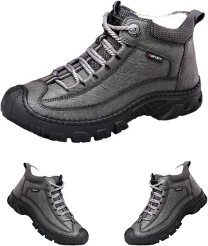 DevilAngel Men's Fleekcomfy Snowy Villi Leather Ankle Boots, Fleece Thick Lace-Up Low Top Snow Boots, Outdoor Non-Slip Hiking Boots. (Grey,11.5)
