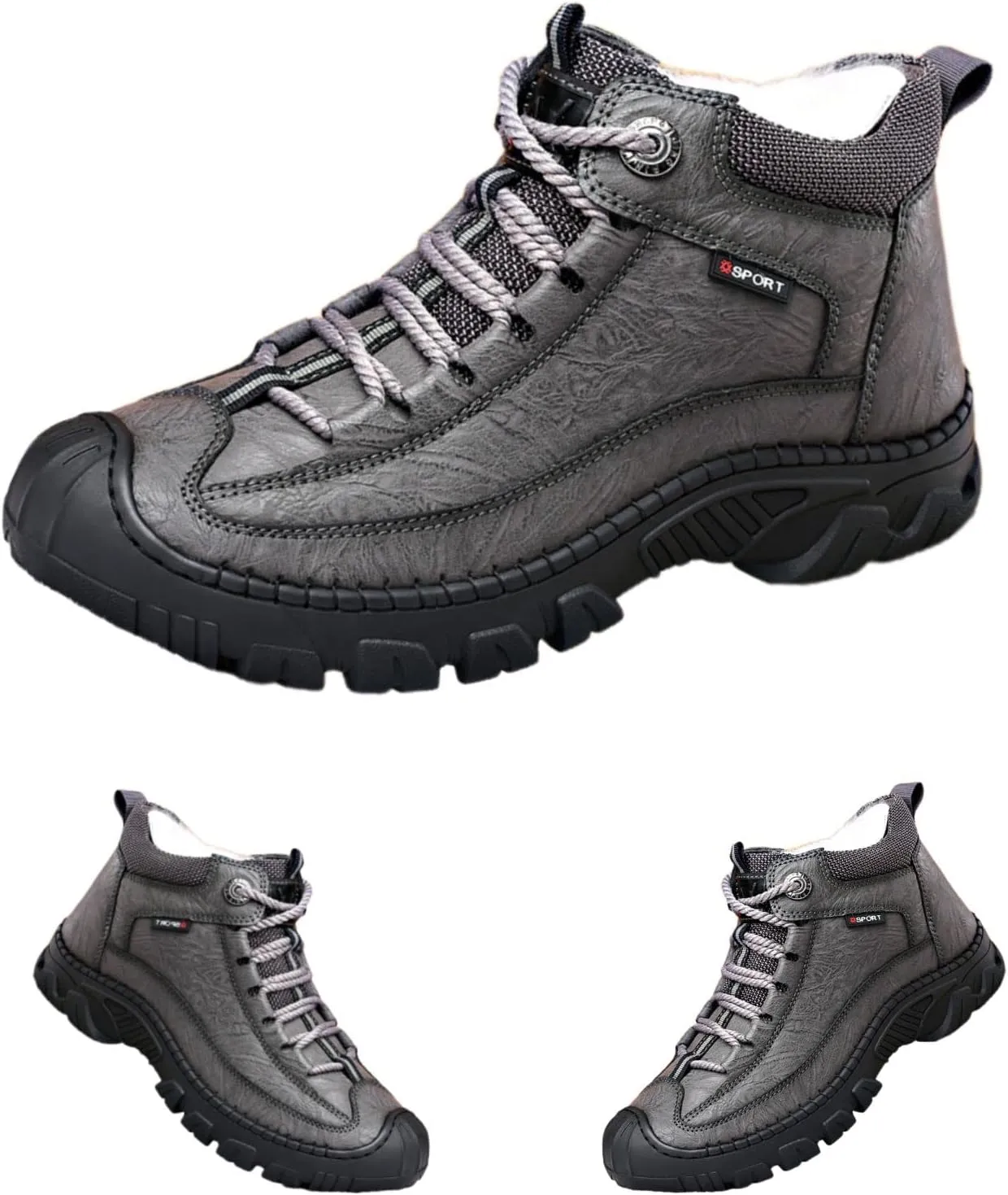 DevilAngel Men's Fleekcomfy Snowy Villi Leather Ankle Boots, Fleece Thick Lace-Up Low Top Snow Boots, Outdoor Non-Slip Hiking Boots. (Grey,11.5)