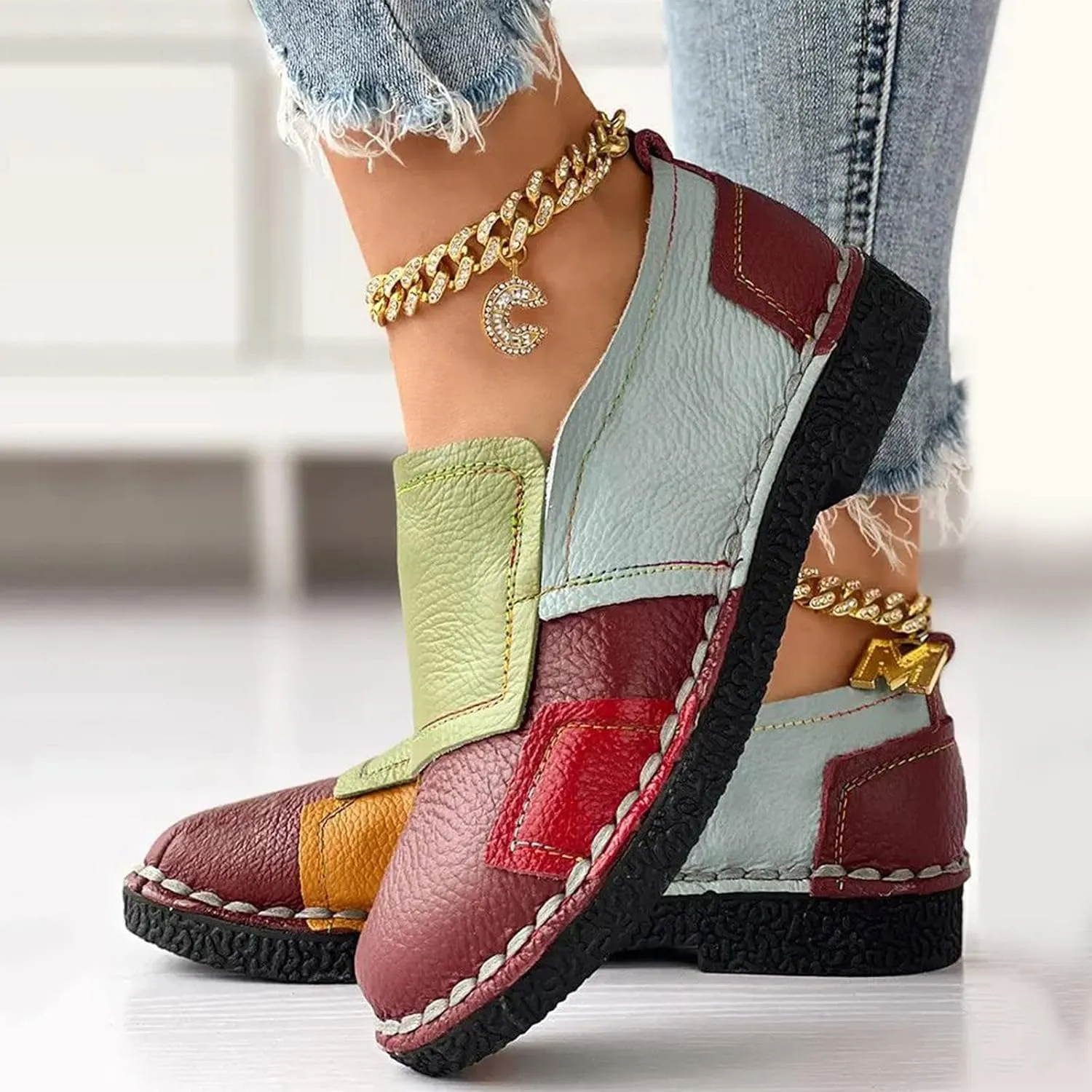Hbeylia Fashion Sneakers for Women Retro Color Blocking Low Top Flats Breathable Slip On Dress Oxford Flats Walking Shoes Play Sneakers Loafers