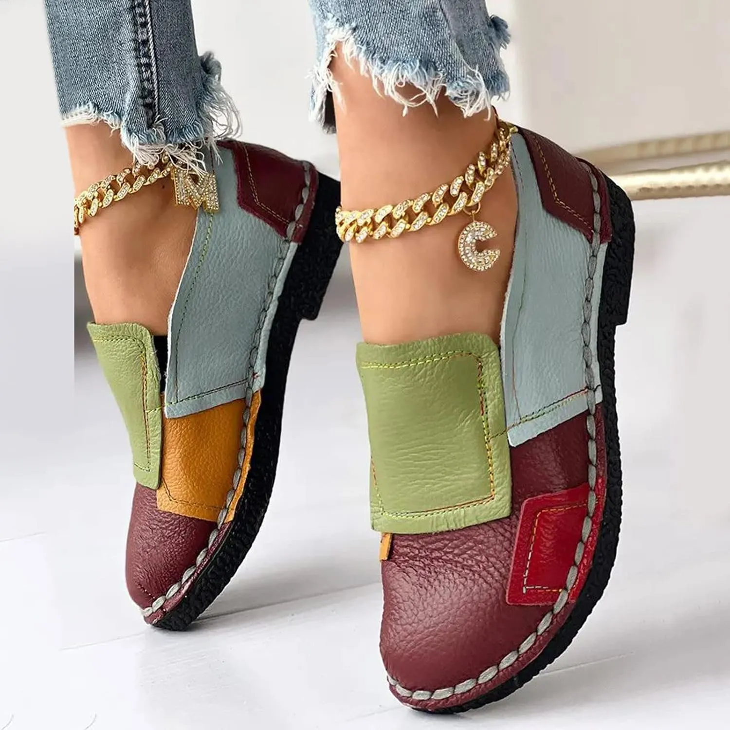 Hbeylia Fashion Sneakers for Women Retro Color Blocking Low Top Flats Breathable Slip On Dress Oxford Flats Walking Shoes Play Sneakers Loafers
