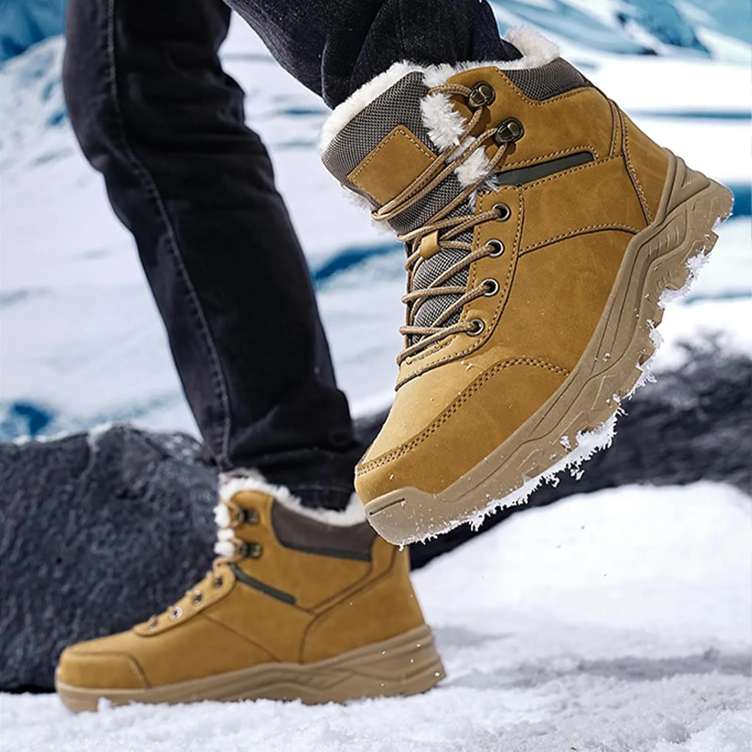 Men's Lightweight Warm Hiking Boots Platform Non-Slip Waterproof Fur Lined Lace-Up High Top Snow Boots Outdoor Trekking Walking Booties