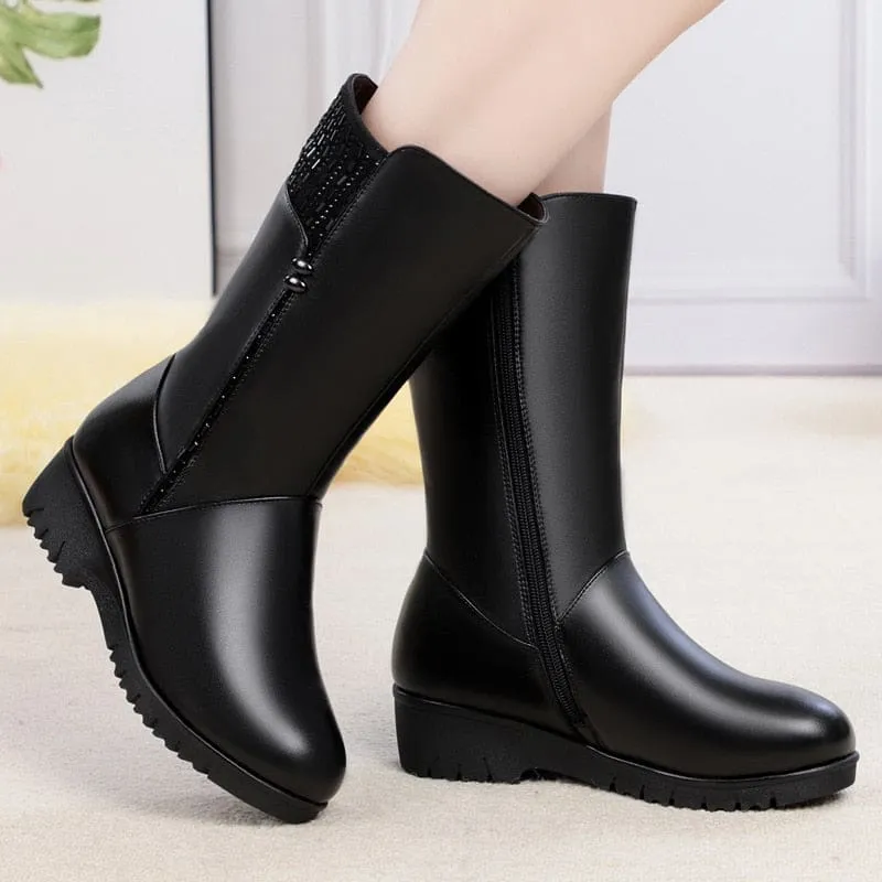 New Winter Cow Leather Wedges Inside Plush Wool Women Snow Boots