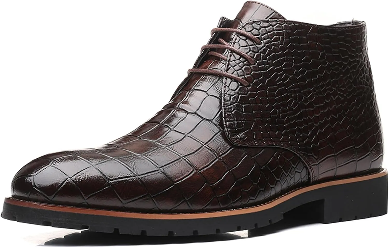 RiceelSor Mens Leather Casual Lace-Up Chukka Ankle Boot Breathable Handmade Crocodile Printed Business Dress Mid-Top Wingtip Oxford Booties