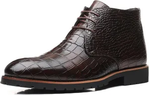 RiceelSor Mens Leather Casual Lace-Up Chukka Ankle Boot Breathable Handmade Crocodile Printed Business Dress Mid-Top Wingtip Oxford Booties