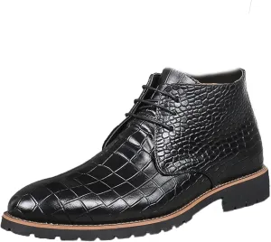 RiceelSor Mens Leather Casual Lace-Up Chukka Ankle Boot Breathable Handmade Crocodile Printed Business Dress Mid-Top Wingtip Oxford Booties